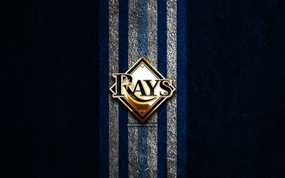 Tampa Bay Rays golden logo, 4k, blue stone background, MLB, american baseball team, Tampa Bay Rays logo, baseball, Tampa Bay Rays