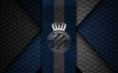 rcd espanyol, la liga, textura tejida azul blanca, logotipo del rcd espanyol, club de fútbol español, emblema del rcd espanyol, fútbol, barcelona, españa