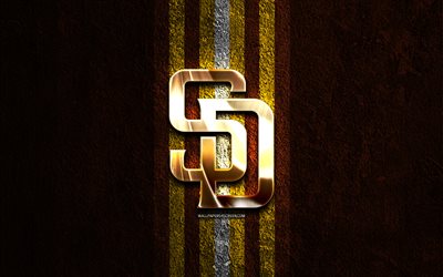 San Diego Padres golden logo, 4k, brown stone background, MLB, american baseball team, San Diego Padres logo, baseball, San Diego Padres