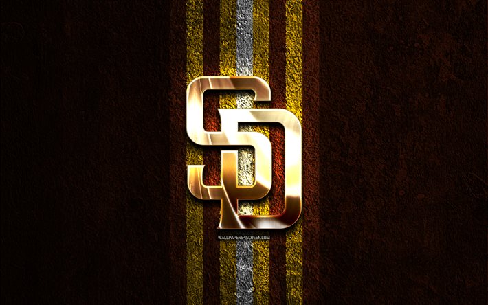 شعار سان دييغو بادريس الذهبي, 4k, البني الحجر الخلفية, mlb, فريق البيسبول الأمريكي, شعار سان دييغو بادريس, البيسبول, سان دييغو بادريس