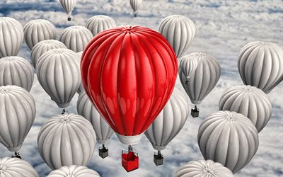 liderança, 4k, balão 3d vermelho, balão vermelho sobre balões brancos, líder, subir conceitos, negócios, conceitos de liderança, ser o primeiro, ser o líder