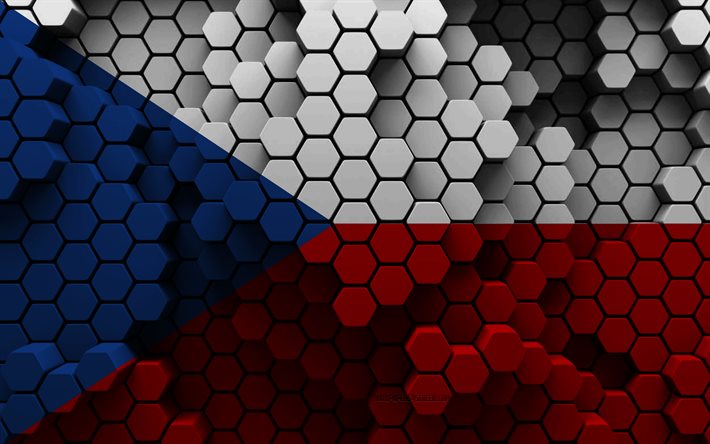 4k, bandera de la república checa, fondo hexagonal 3d, bandera 3d de la república checa, día de la república checa, textura hexagonal 3d, símbolos nacionales de la república checa, república checa, bandera de la república checa 3d, países europeos