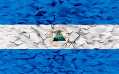 bandiera del nicaragua, 4k, sfondo poligono 3d, struttura del poligono 3d, giorno del nicaragua, bandiera del nicaragua 3d, simboli nazionali del nicaragua, arte 3d, nicaragua
