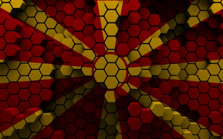 4k, Flag of North Macedonia, 3d hexagon background, North Macedonia 3d flag, Day of North Macedonia, 3d hexagon texture, North Macedonia national symbols, North Macedonia, 3d North Macedonia flag, European countries