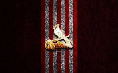 logotipo de oro de los cardenales de san luis, 4k, fondo de piedra roja, mlb, equipo de béisbol americano, logotipo de los cardenales de san luis, béisbol, cardenales de san luis