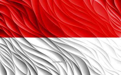 4k, インドネシアの国旗, 波状の 3d フラグ, アジア諸国, インドネシアの日, 3d 波, アジア, インドネシアの国のシンボル, インドネシア