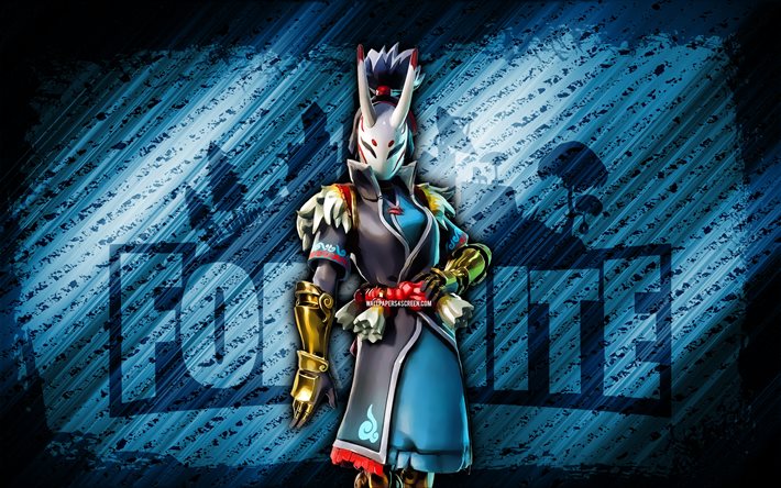 Nara Fortnite, 4k, blue diagonal background, grunge art, Fortnite, artwork, Nara Skin, Fortnite characters, Nara, Fortnite Nara Skin
