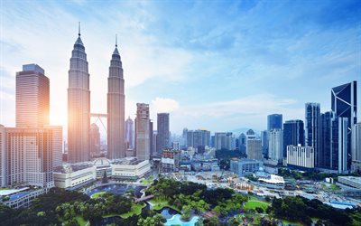 Kuala Lumpur, Petronas Towers, morning, sunrise, KLCC Park, Kuala Lumpur aerial view, park, Kuala Lumpur panorama, skyscrapers, Kuala Lumpur cityscape, Malaysia