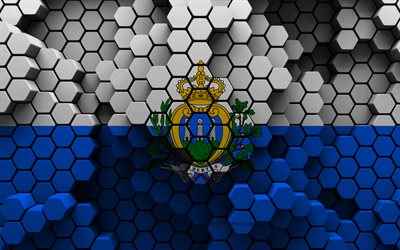 4k, Flag of San Marino, 3d hexagon background, San Marino 3d flag, Day of San Marino, 3d hexagon texture, San Marino national symbols, San Marino, 3d San Marino flag, European countries