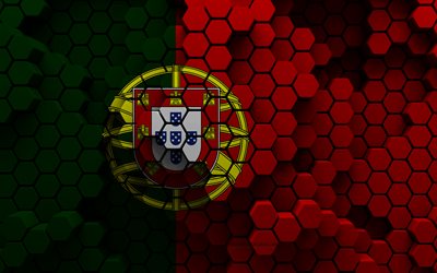 4k, bandera de portugal, fondo hexagonal 3d, bandera 3d de portugal, día de portugal, textura hexagonal 3d, bandera portuguesa, símbolos nacionales portugueses, portugal, bandera de portugal 3d, países europeos