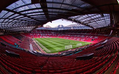 4k, Old Trafford, inside view, red stands, football field, Manchester United Stadium, Premier League, Manchester, England, football stadium, Manchester United FC
