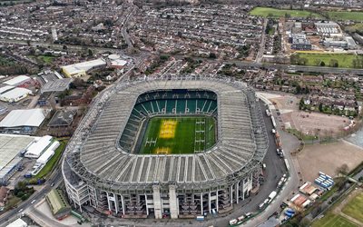 4k, twickenham stadium, estadio de rugby, vista aérea, twickenham, londres, inglaterra, equipo nacional de rugby de inglaterra, reino unido
