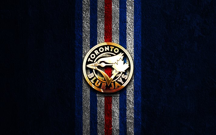 شعار تورونتو بلو جايز الذهبي, 4k, الحجر الأزرق الخلفية, mlb, فريق البيسبول الكندي, شعار toronto blue jays, البيسبول, تورونتو بلو جايز