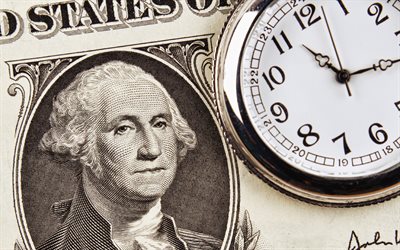 4k, 시간은 돈이다, 미국 달러, 돈과 시계, 은색 오래된 회중시계, 사업, 재원, 돈 배경, 시간은 돈 개념