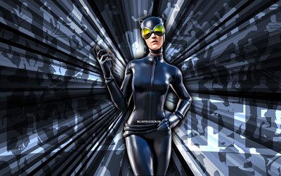 4k, Catwoman Fortnite, gray rays background, Catwoman Skin, abstract art, Fortnite Catwoman Skin, Fortnite characters, Catwoman, Fortnite, creative art