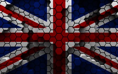 4k, 영국 국기, 3d 육각형 배경, 영국 3d 플래그, 영국의 날, 3d 육각 텍스처, 영국 국가 상징, 영국, 유럽 국가, 대 브리튼 섬