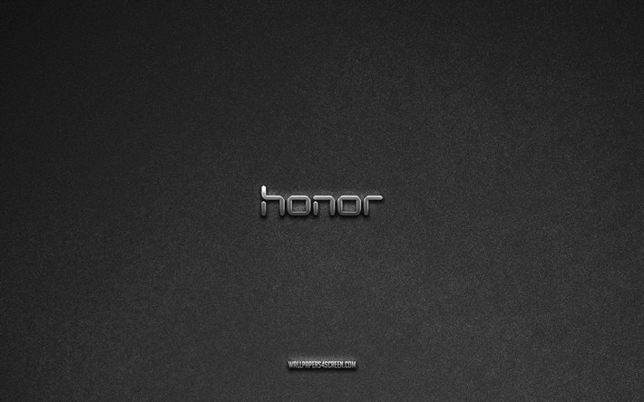logo honor, sfondo in pietra grigia, emblema honor, loghi tecnologici, honor, marchi di produttori, logo in metallo honor, struttura in pietra