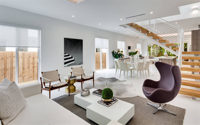 design elegante del soggiorno, pareti bianche nel soggiorno, idea per il soggiorno, interni in stile moderno, colore bianco nel soggiorno, sedia a sfera, tavolo bianco lucido
