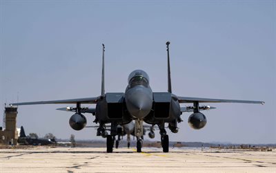 mcdonnell douglas f-15e strike eagle, amerikanischer jäger, us air force, f-15, militärflugzeuge, kampfflugzeuge, f-15 auf der landebahn
