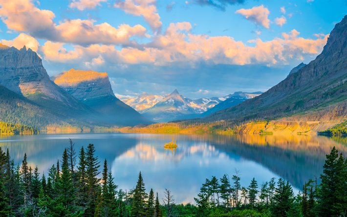 4k, Glacier National Park, summer, lake, island, american landmarks, beautiful nature, USA, America, mountains