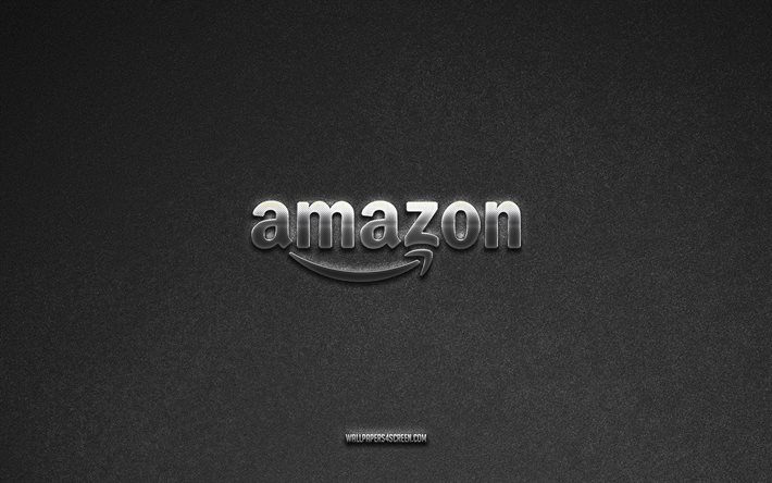 amazon-logotyp, grå stenbakgrund, amazon-emblem, teknologilogotyper, amazon, tillverkarens varumärken, amazons metalllogotyp, stenstruktur