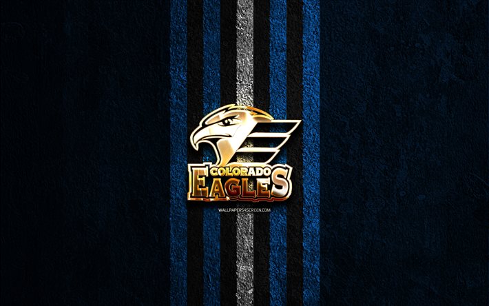 logo doré des colorado eagles, 4k, fond de pierre bleue, ahl, l équipe américaine de hockey, le logo des colorado eagles, le hockey, les colorado eagles