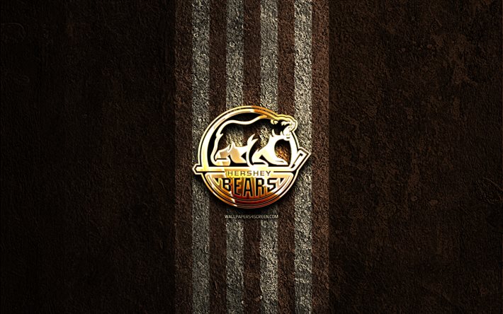Hershey Bears golden logo, 4k, brown stone background, AHL, american hockey team, Hershey Bears logo, hockey, Hershey Bears
