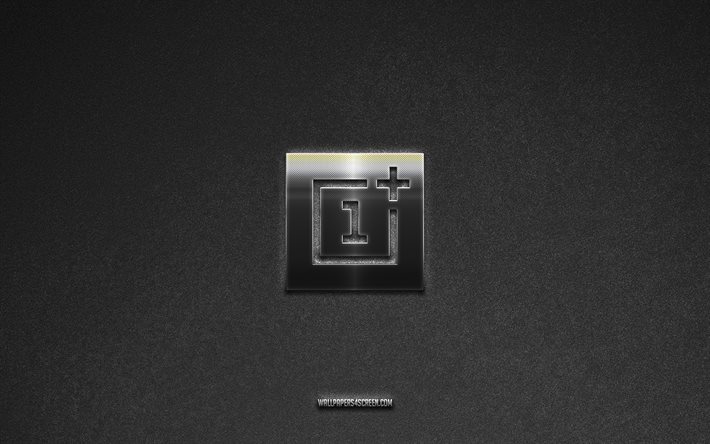 OnePlus logo, gray stone background, OnePlus emblem, technology logos, OnePlus, manufacturers brands, OnePlus metal logo, stone texture