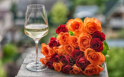 白ワイン, 一杯のワイン, 赤いバラの花束, オレンジ色のバラ, ワイン, 花束, 美しいオレンジ色のバラ