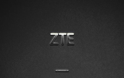 zteのロゴ, 灰色の石の背景, zteのエンブレム, テクノロジーのロゴ, zte, メーカーブランド, zte 金属ロゴ, 石のテクスチャ