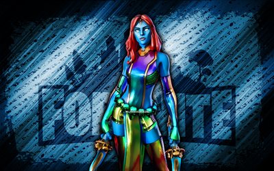 Holo foil Mystique Fortnite, 4k, blue diagonal background, grunge art, Fortnite, artwork, Holo foil Mystique Skin, Fortnite characters, Holo foil Mystique, Fortnite Holo foil Mystique Skin