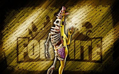 peely bone fortnite, 4k, gelber diagonaler hintergrund, grunge-kunst, fortnite, grafik, peely bone skin, fortnite-charaktere, peely bone, fortnite peely bone skin