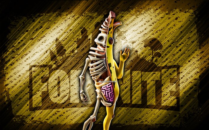 peely bone fortnite, 4k, amarelo diagonal de fundo, grunge arte, fortnite, obras de arte, peely bone skin, personagens de fortnite, peely bone, fortnite peely bone skin