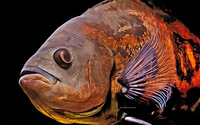 oscar balığı, astronotus ocellatus, 4k, vektör sanat, balık çizimleri, balık, kaplan oscar, kadife çiklit, mermer çiklit, vektör balık