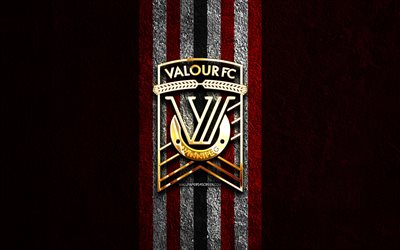 valor fc goldenes logo, 4k, roter steinhintergrund, kanadische premier league, kanadischer fußballverein, valor fc-logo, fußball, fc valour, valor fc