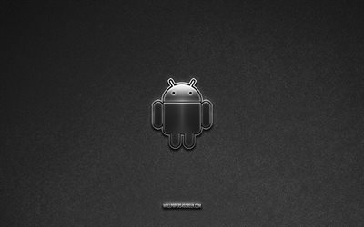 android-logo, grauer steinhintergrund, android-emblem, technologielogos, android, herstellermarken, android-metalllogo, steinstruktur
