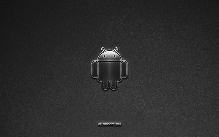 Android logo, gray stone background, Android emblem, technology logos, Android, manufacturers brands, Android metal logo, stone texture
