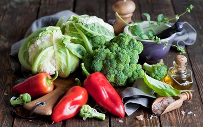 grönsaksstilleben, broccoli, peppar, kål