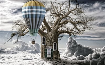 nuvens, árvore, balão