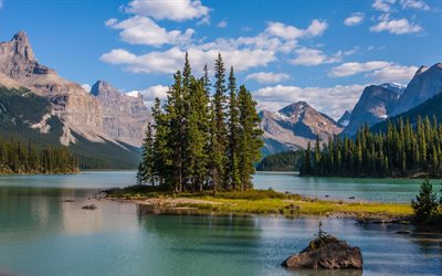 kayalık dağlar, göl malign, alberta, küçük ada, Kanada