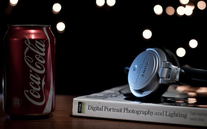 bank, sony, headphones, book, coca-cola