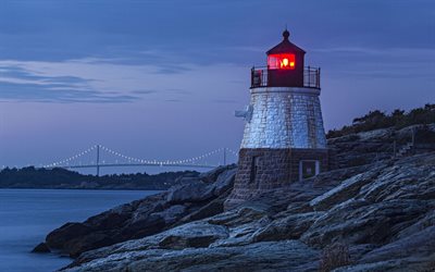 lighthouse, night, newport