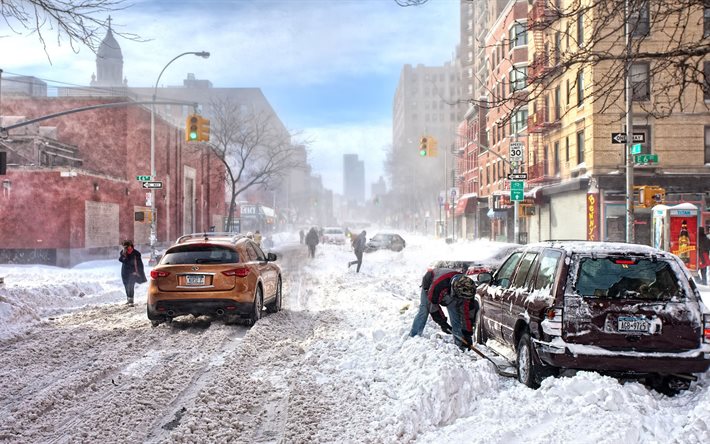 कारों, बर्फ, सड़क, सर्दी, दिन, न्यूयॉर्क