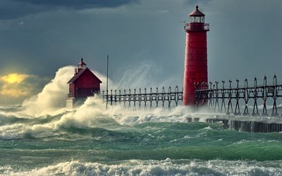 lighthouse, pierce, wave, lake michigan