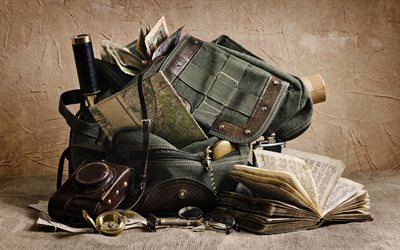 backpack, book, still life of a traveler, compass