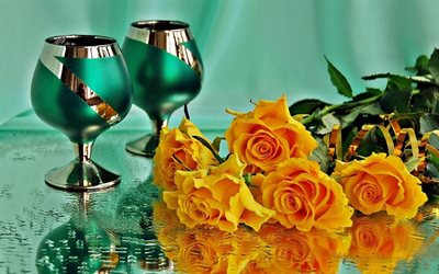bicchiere, bouquet, rose gialle, fiori