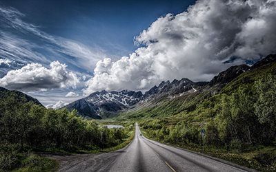 o arquipélago de lofoten, montanhas, árvores, estrada, noruega
