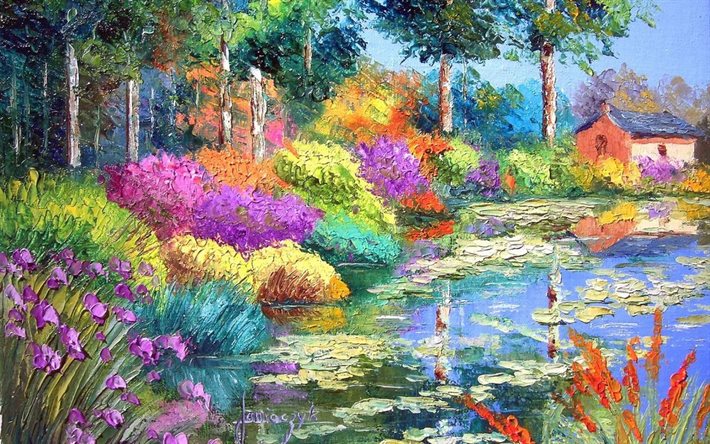 jean-marc janiaczyk, pintor impresionista francés, flores, el estanque, el estanque de flores
