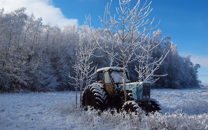 l'hiver, champ, tracteur
