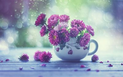 la taza de té, el ramo, las flores